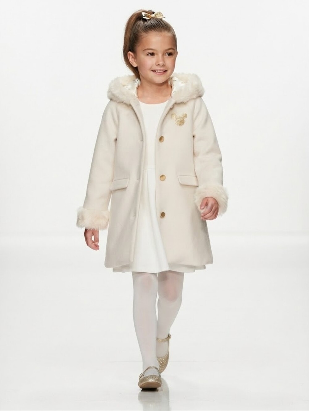 Disney Kids Girls White Faux Fur Hooded Winter Coat Gold Mickey Size 5/6